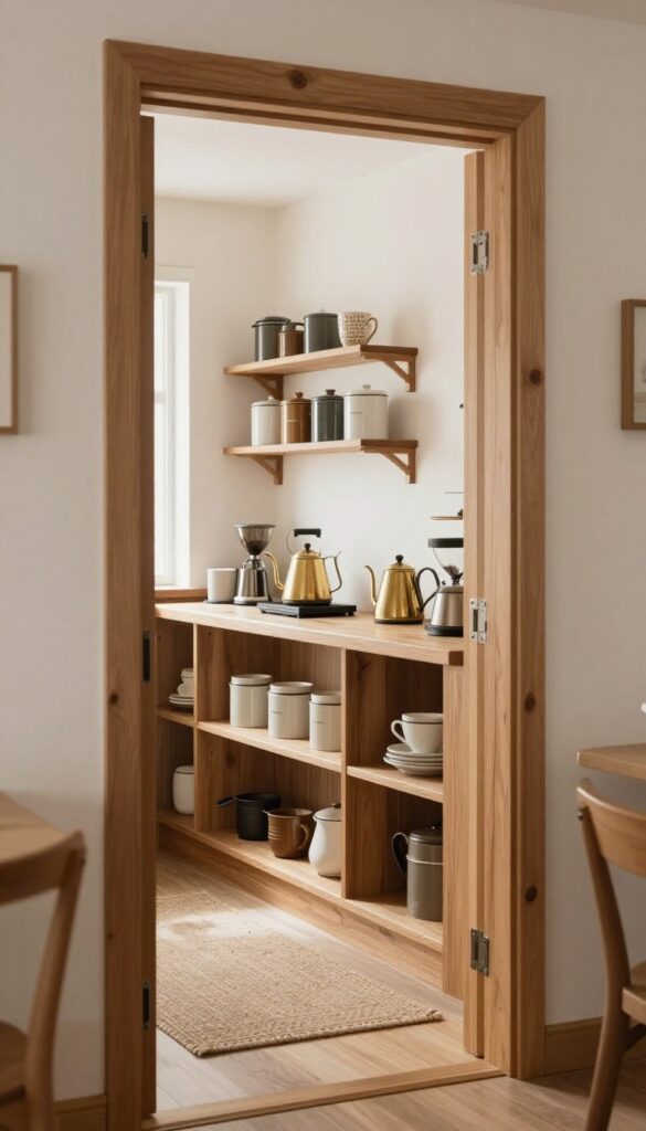 A cozy butler's pantry coffee bar with open shelving, ceramic canisters, and a brass kettle, bathed in natural light.