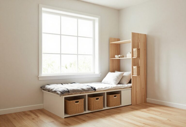 Cozy small kids' bedroom with toy storage and a window seat