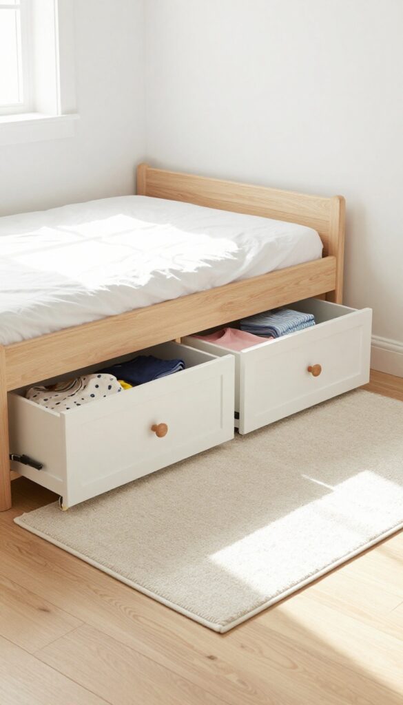 Under-bed drawers in a light and airy kids bedroom