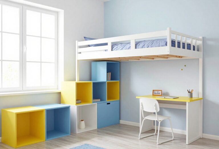 Small boy's bedroom with loft bed, colorful storage cubes, and wall-mounted desk in a bright, playful setting