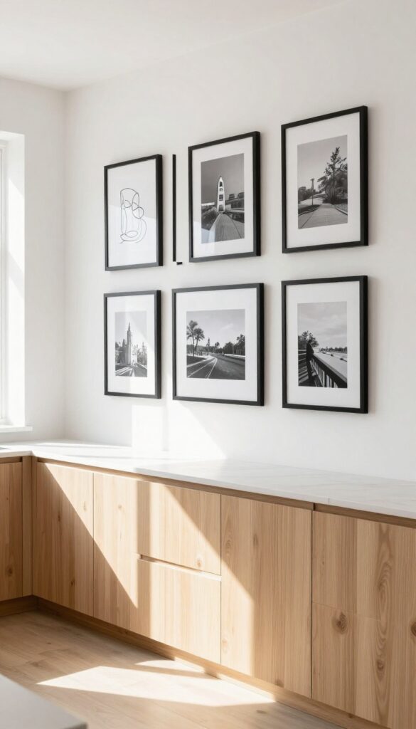 Gallery wall in a single color palette in a bright kitchen