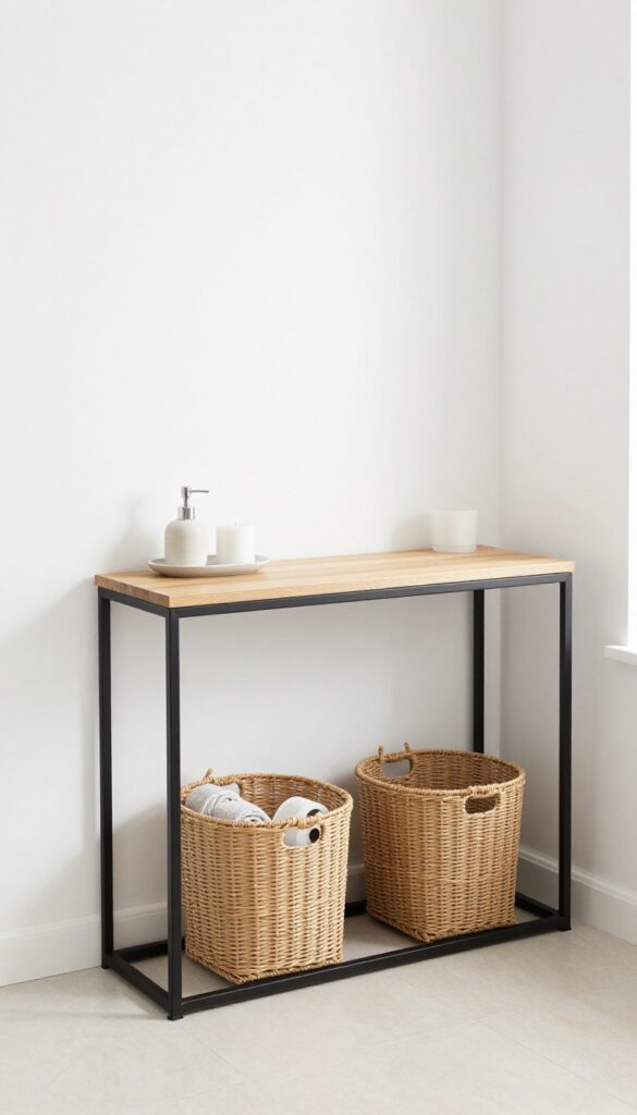 Wall-mounted console with woven baskets underneath in a bright guest bathroom
