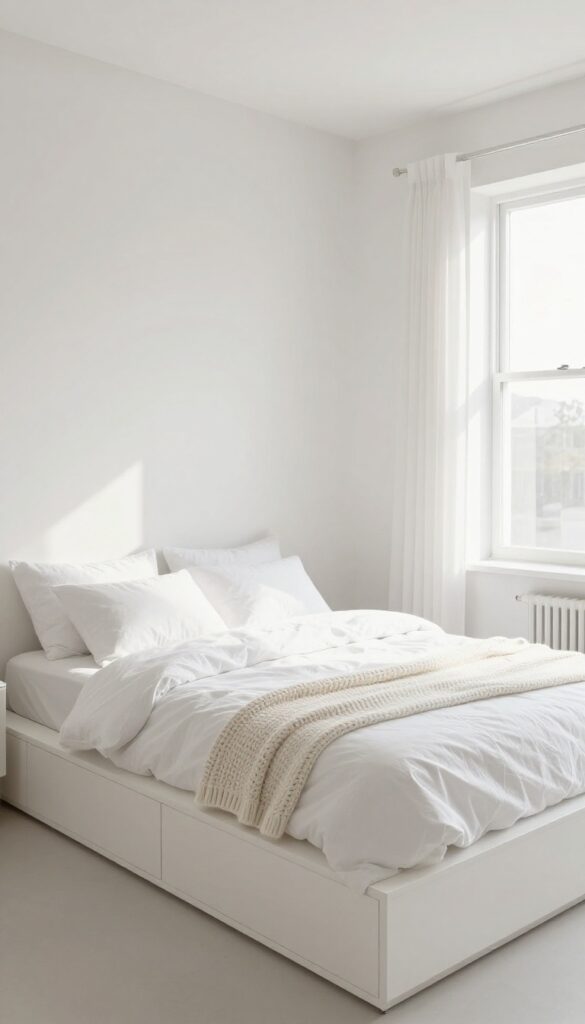 White platform bed with hidden drawers in a minimal chic bedroom