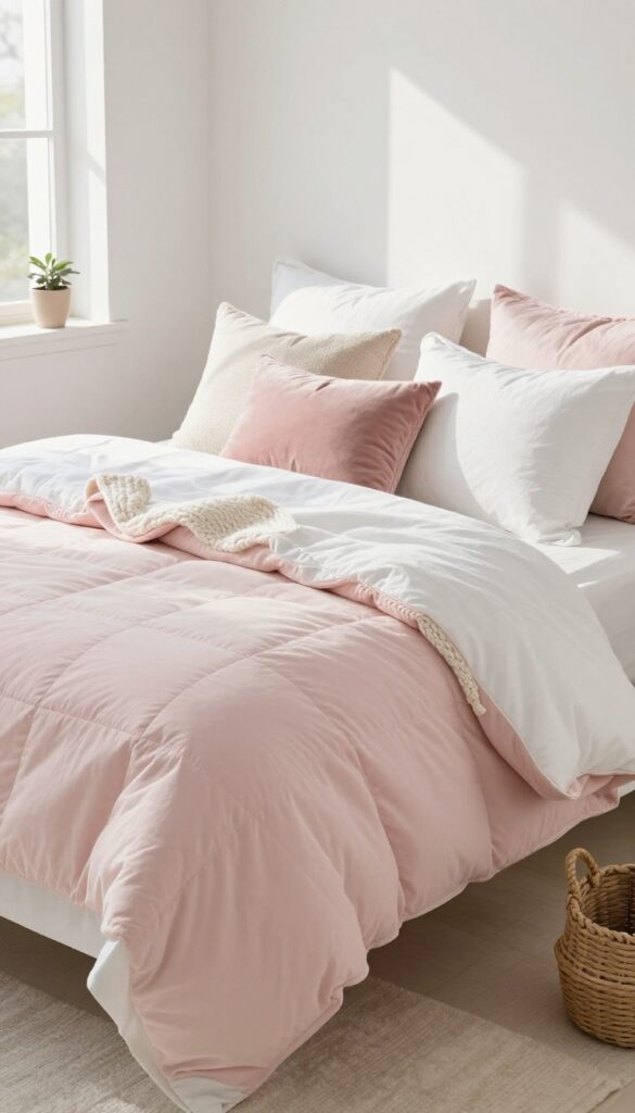 A girl's bedroom with a cozy layered bed featuring a white duvet, pastel pink quilt, knit throw, and mix of textured pillows in soft natural light.