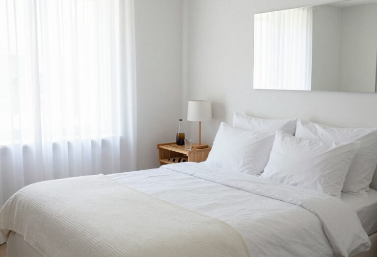 Cozy guest bedroom with white bedding, luggage rack, and a nightstand with water carafe
