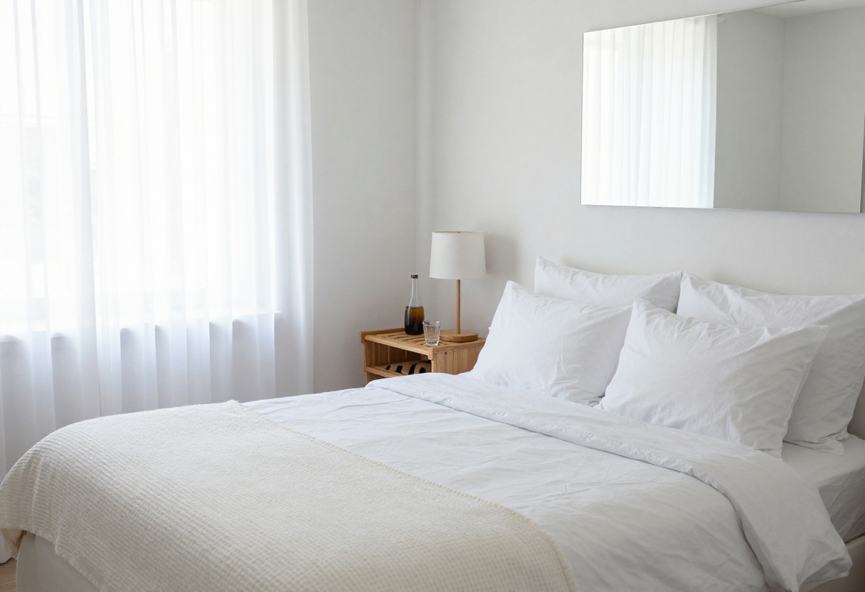 Cozy guest bedroom with white bedding, luggage rack, and a nightstand with water carafe