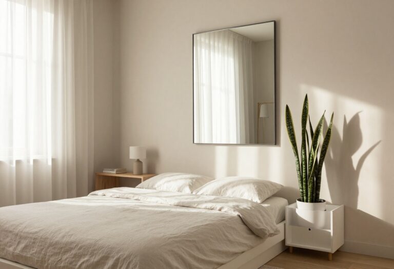 Modern calm small bedroom with neutral decor, low-profile bed, floating shelf, mirror, and snake plant