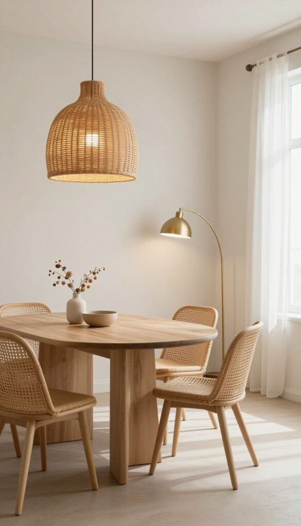 Open-concept dining and living room with a woven rattan pendant over the dining table and an arc floor lamp in the living area, creating distinct zones through lighting.