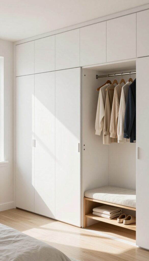 White built-in wardrobe with sliding doors in a minimalist bedroom