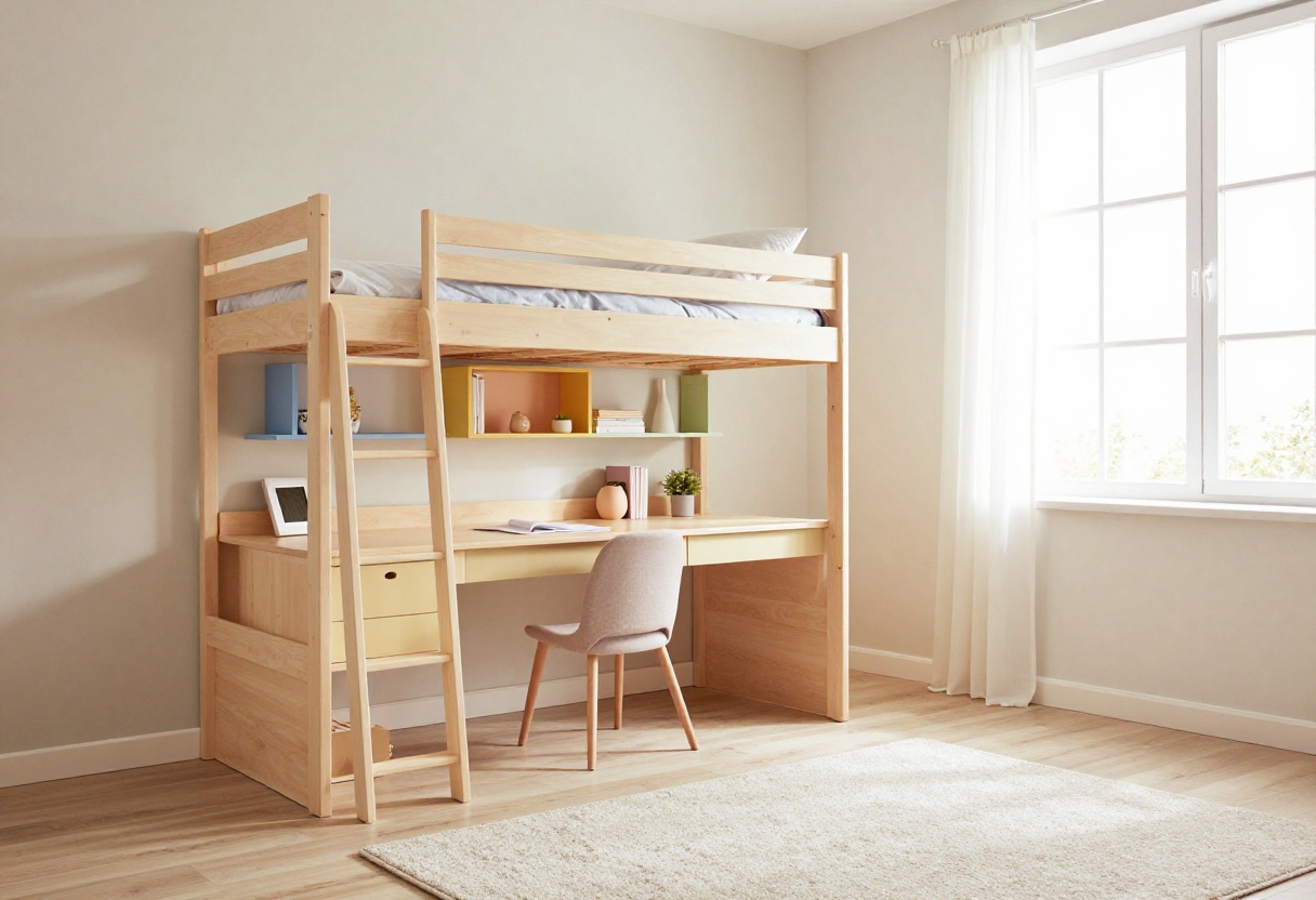 Bright kids bedroom with loft bed and desk underneath, colorful shelves, and soft rug