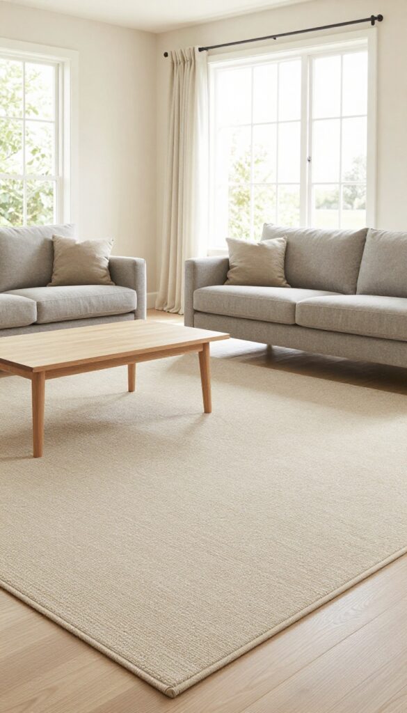 Light taupe carpet with slight sheen in a bright living room with natural wood and gray furniture.