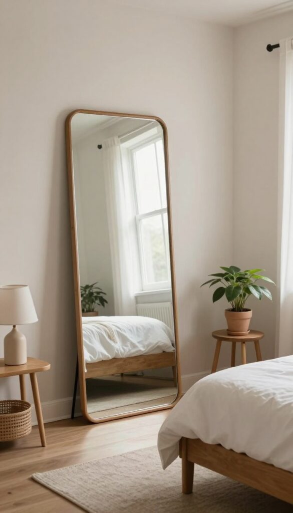 Small guest bedroom with a large mirror leaning against the wall, reflecting light and making the space feel open and airy.