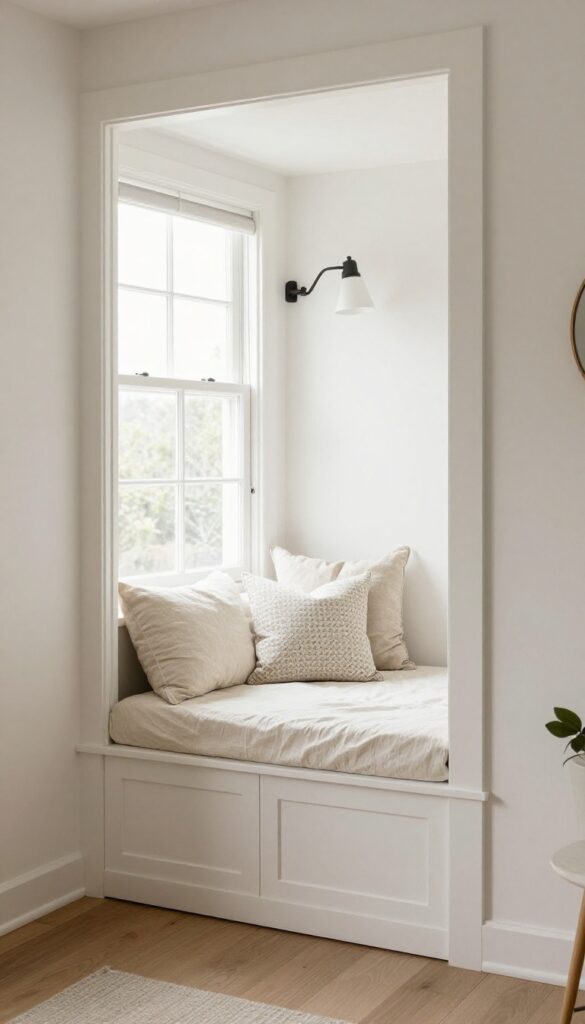 Cozy tiny guest bedroom with built-in window seat and hidden storage, neutral tones, natural light
