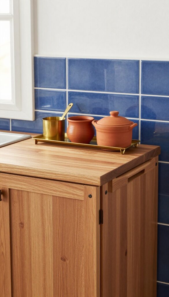 Small Indian kitchen with wall-mounted folding table in teak wood, blue and white tile backdrop, natural light, clean and functional design.