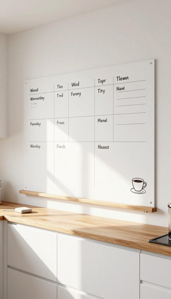 Kitchen with chalkboard wall featuring meal plan and doodle, white cabinets, warm wood countertops, natural light