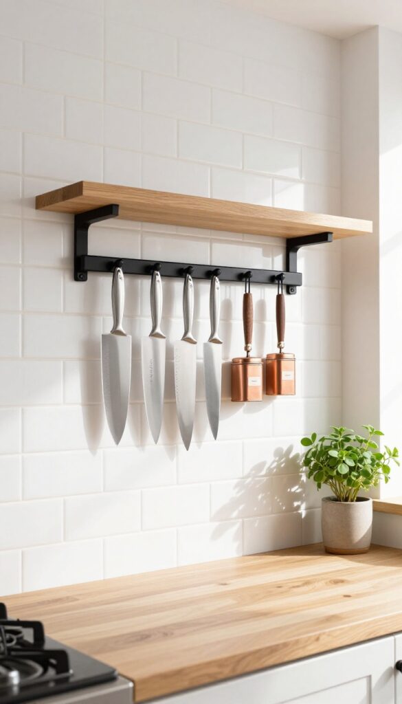 Modern single-wall kitchen with magnetic knife and spice strip storage on white subway tile backsplash, stainless steel knives and copper tins, bright natural light.