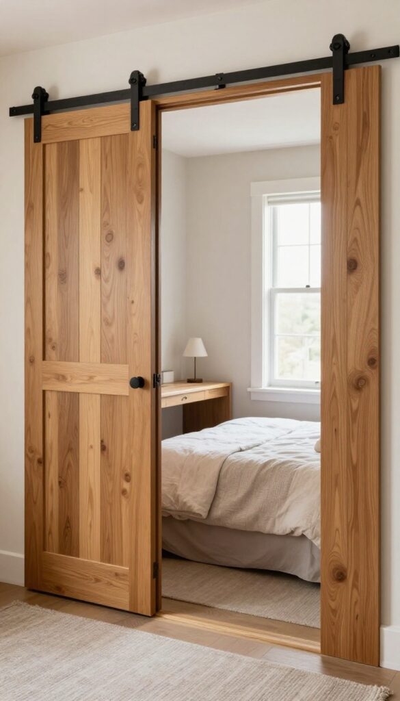 Guest bedroom with sliding barn door hiding a compact desk alcove
