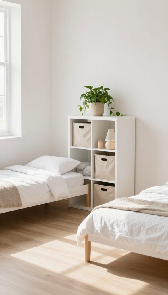 Two twin beds in a light-filled room separated by a low white cube storage unit with fabric bins, lamp, and plant.