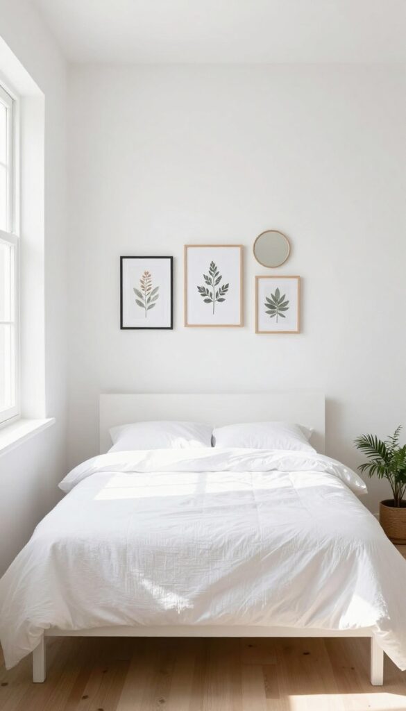 Small bedroom with a mini gallery wall above the headboard, featuring thin frames and a mirror in bright natural light.