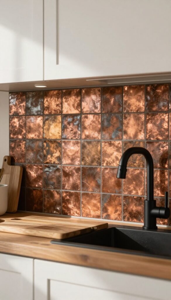 Copper and bronze metal tiles backsplash in a rustic kitchen with warm lighting and natural patina.