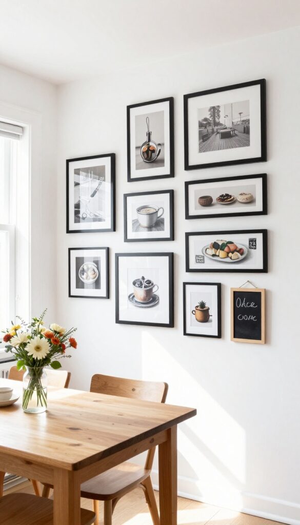 Gallery wall of black-framed kitchen art above a wooden table with flowers in a bright kitchen