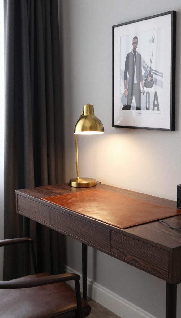Dark wood desk with leather desk pad and brass lamp in a moody gamer bedroom