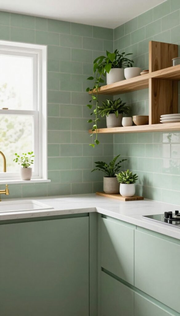 Sage green subway tiles in vertical stack pattern on kitchen backsplash with brass fixtures and open shelving