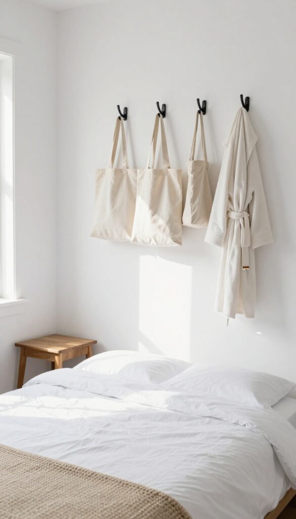 Guest bedroom with wall hooks for vertical storage, coat and bag hanging, bright natural light