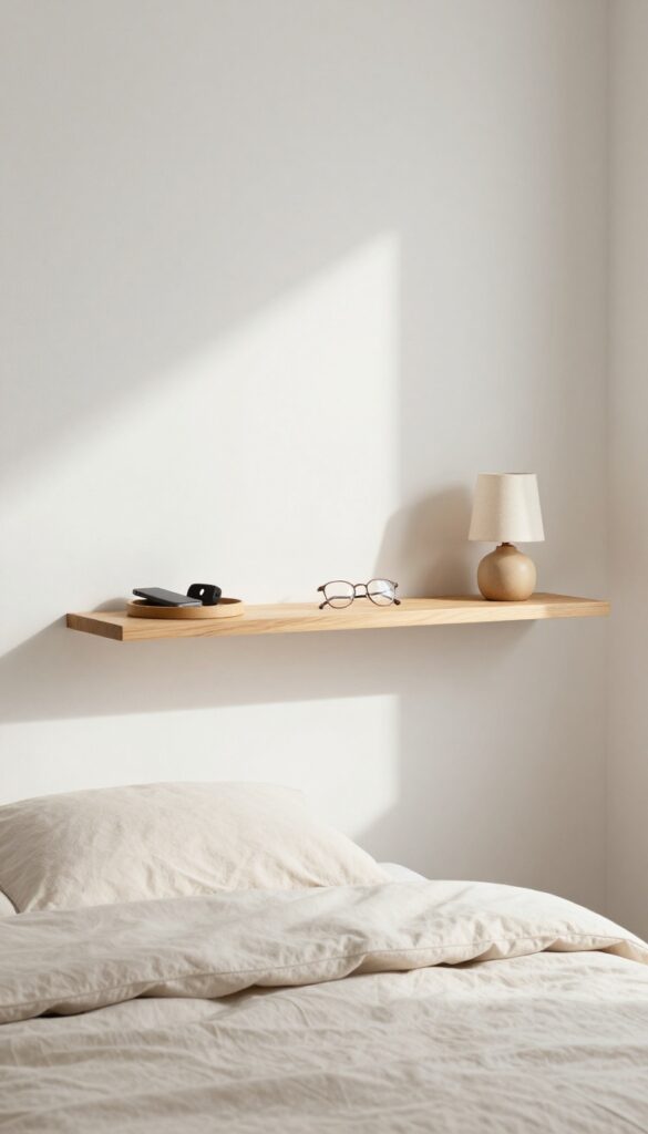 Small bedroom with a low bed and a minimal floating shelf as a nightstand, holding a lamp and a tray.