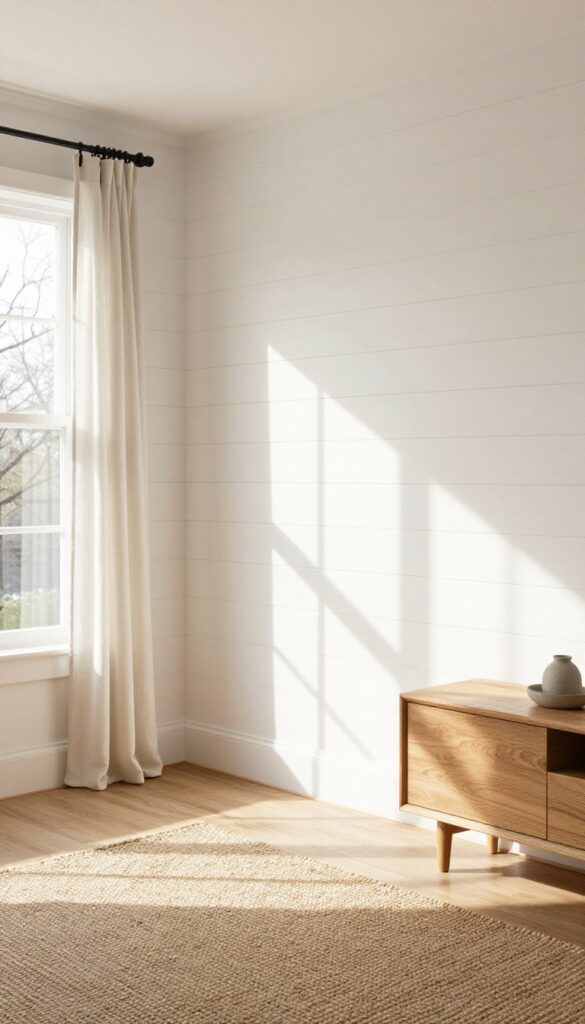 Living room with warm white shiplap walls, natural wood furniture, jute rug, and black metal accents, bright natural light