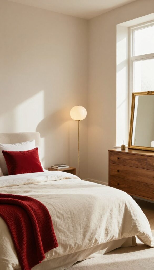 Bright bedroom with beige walls, cream bedding, red accents, brass lamp, and gold mirror, natural light