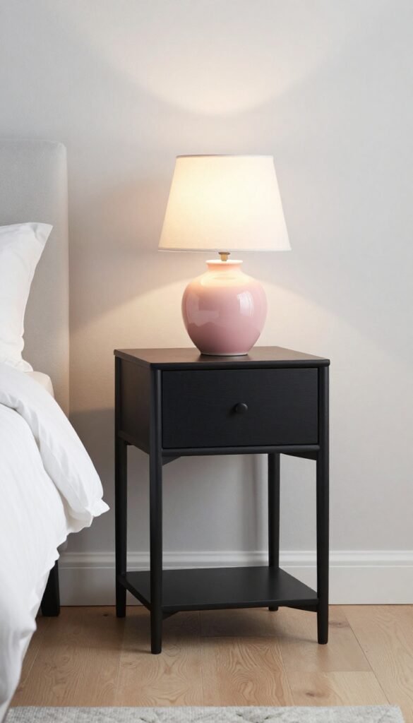 Black nightstand with pink lamp in a bright bedroom