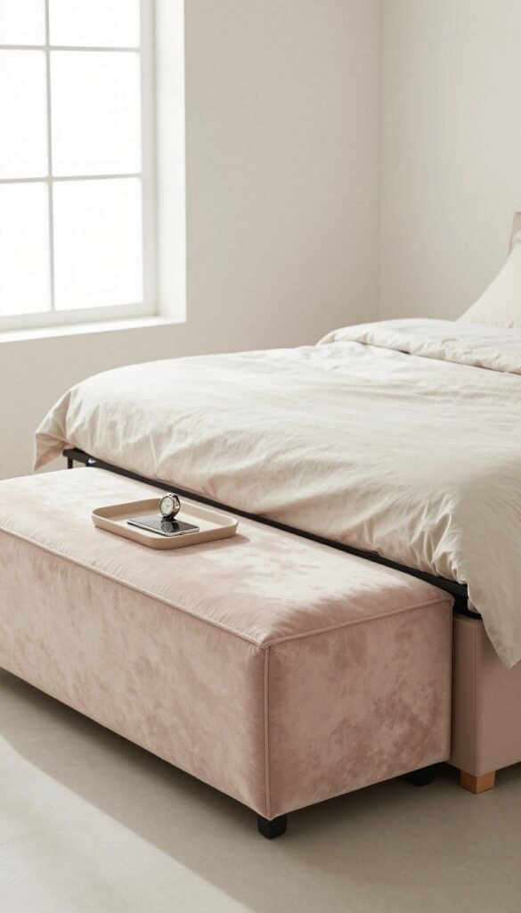Small bedroom with a blush velvet storage bench at the foot of the bed, holding a tray with daily essentials.