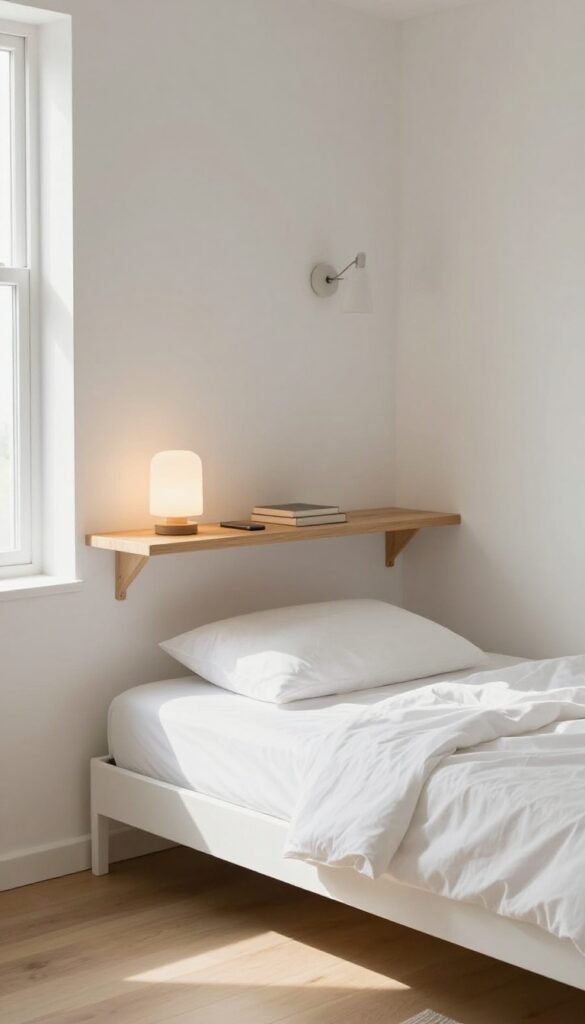 Floating shelves beside a bed serving as nightstands, with lamp, book, and phone, in a bright, airy bedroom.