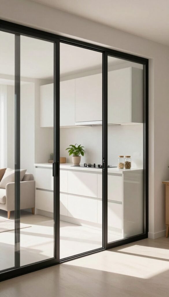 Modern kitchen with black-framed sliding glass panels to living room, bright natural light, clean design