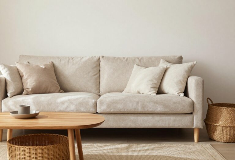 Cozy living room with textured warm neutral walls and layered decor