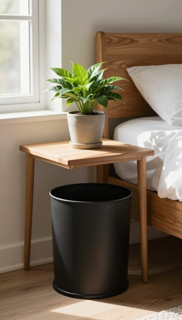 A small matte black wastebasket beside a nightstand in a bright, airy guest room with natural light and a cozy ambiance.