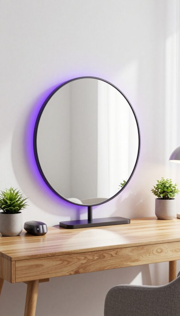 A stylish desk area with a round mirror framed in black and purple, resembling an End Portal from Minecraft, with purple LED glow, minimal decor, and natural light.