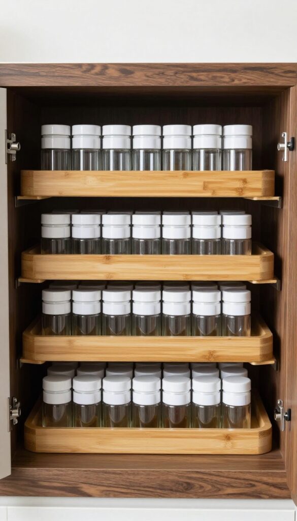 Stackable bamboo spice trays in a deep kitchen cabinet, each tray sliding out to reveal neat rows of uniform spice jars with white lids and top labels, bright natural light, clean and organized interior.