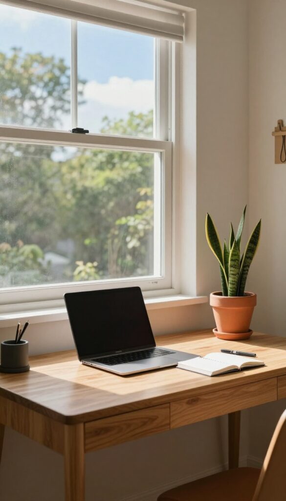 Teen boy's bedroom with a window desk, natural light, and a snake plant in a terracotta pot