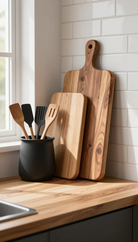 Wooden cutting boards leaning against backsplash with black utensils in a crock on a black and wood kitchen counter.