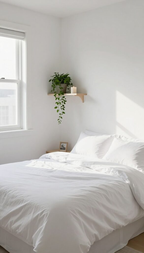 Floating shelves above a bed in a small bedroom with minimal decor and soft natural light.
