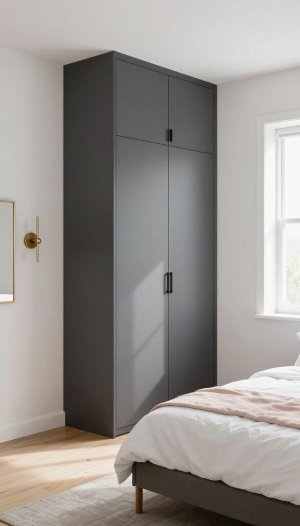 Small bedroom with charcoal accent wall and tall floor-to-ceiling wardrobe, light and airy decor, photorealistic interior photography