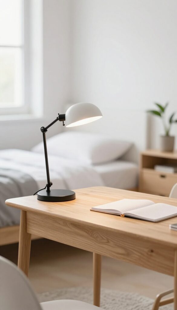 Minimalist desk lamp with adjustable arm in a modern boy's bedroom