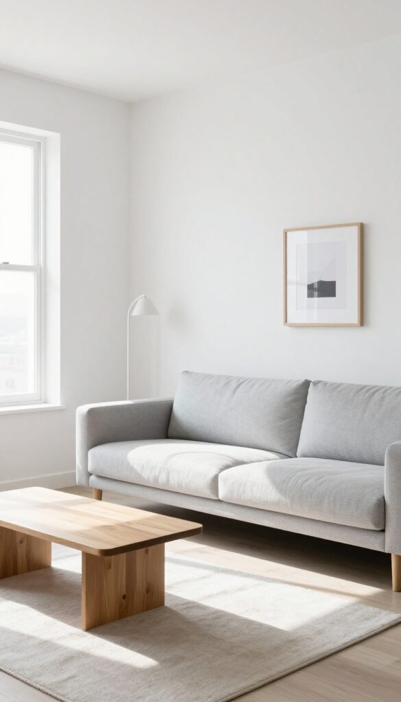 Small living room with sofa floated away from wall, creating breathing space, bright natural light, minimalist decor.