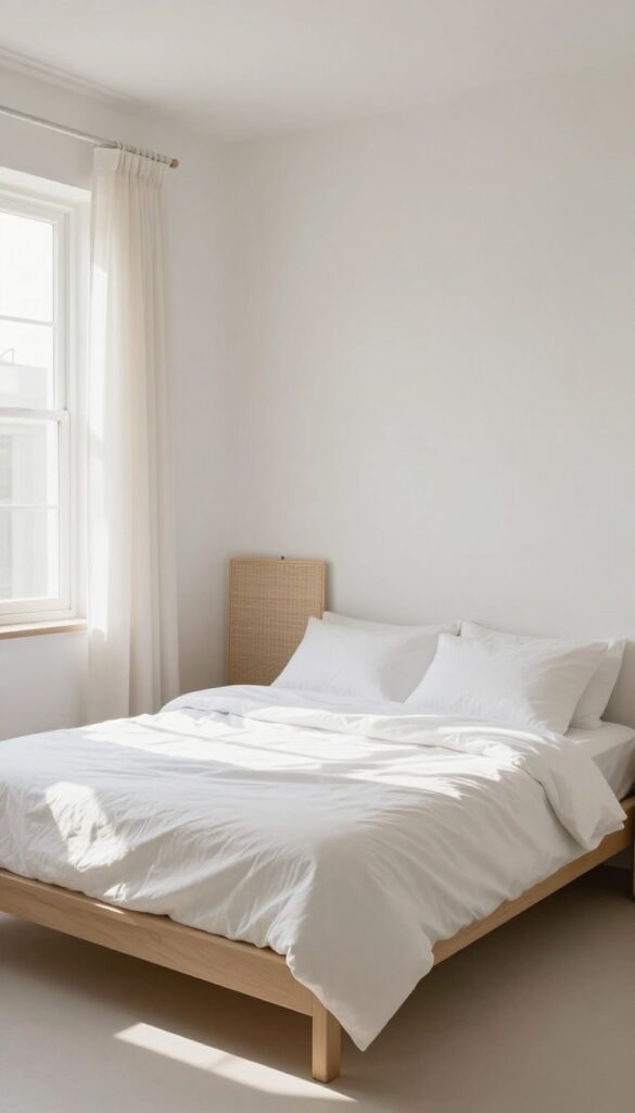 Small bedroom with a rattan folding screen used as a headboard behind a low bed, natural light, cozy and layered interior.