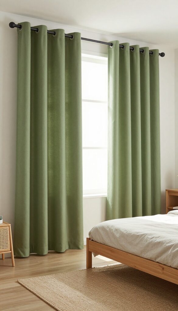 Boy's bedroom with olive green blackout curtains, natural light, cozy and intentional design.