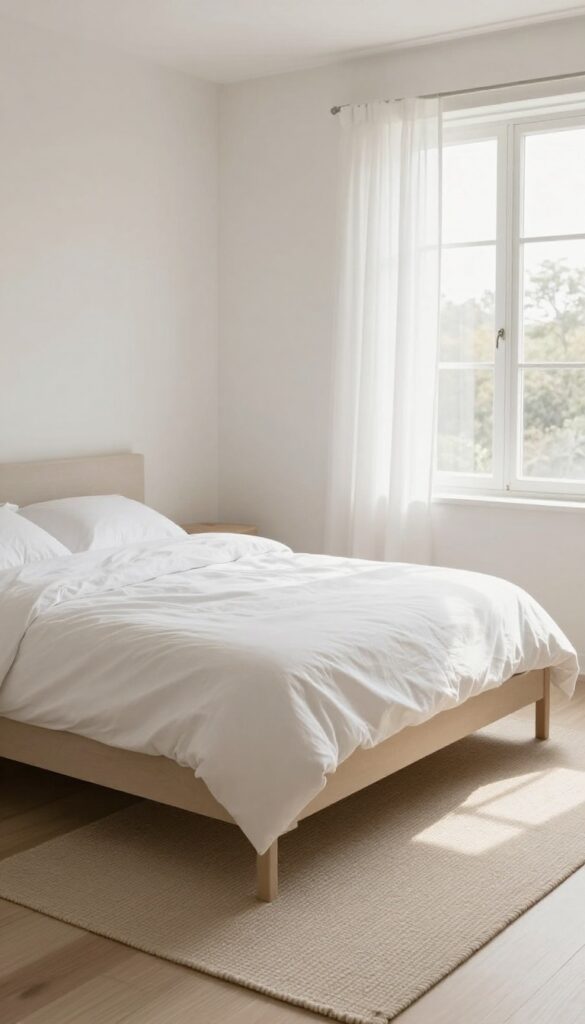 Low-profile bed frame in a small, bright bedroom with neutral bedding and natural light, creating an airy feel.