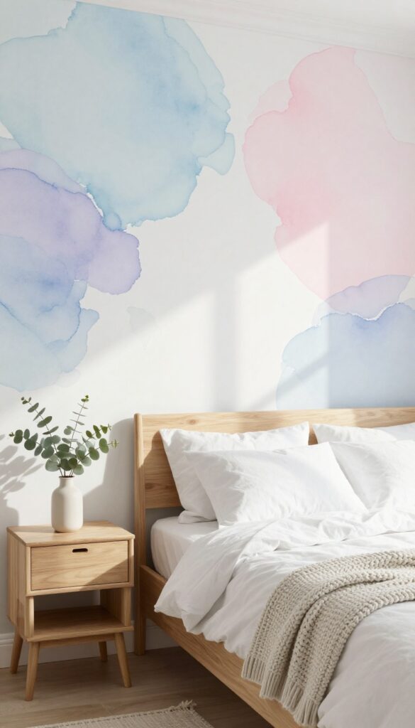 Bedroom with abstract watercolor wallpaper in soft pastel hues, featuring a wooden bed with white linen and eucalyptus vase.
