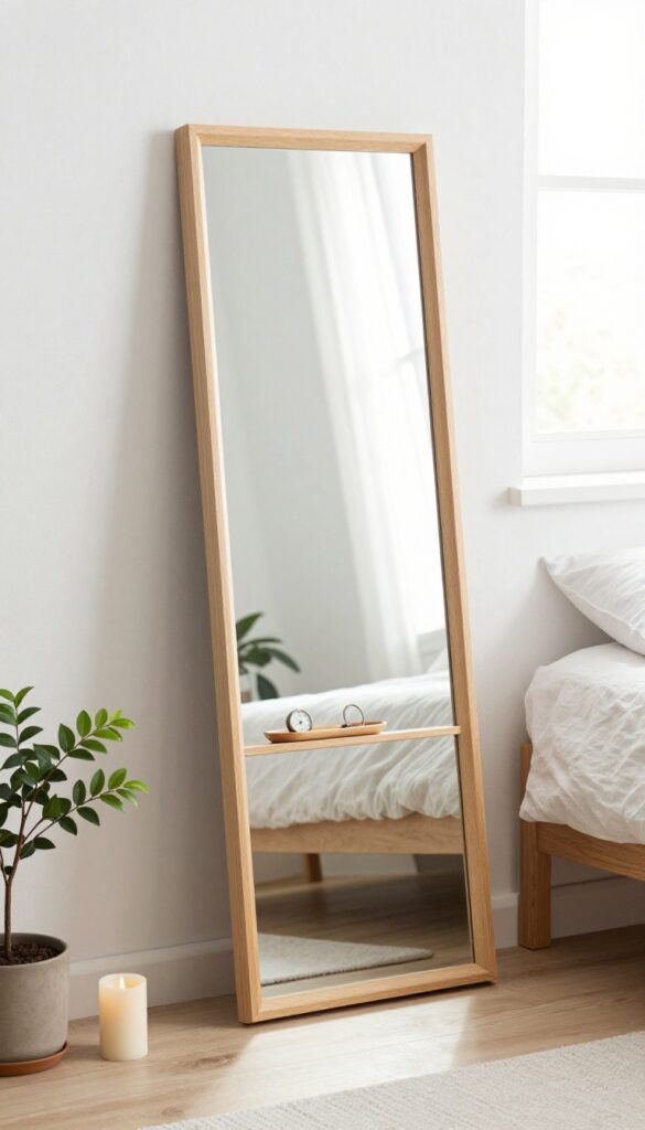 Leaning mirror with hidden shelf in small bedroom